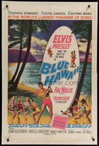 4g051 BLUE HAWAII linen 1sh '61 Elvis Presley plays a ukulele for sexy babes by the beach!