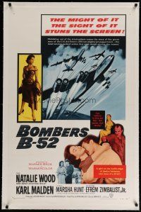 4g054 BOMBERS B-52 linen 1sh '57 sexy Natalie Wood & Karl Malden, cool art of military planes!