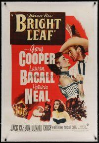 4g064 BRIGHT LEAF linen 1sh '50 great romantic close up of Gary Cooper & sexy Lauren Bacall!