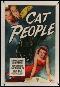 4g072 CAT PEOPLE linen 1sh R52 Val Lewton, full-length sexy Simone Simon by black panther!