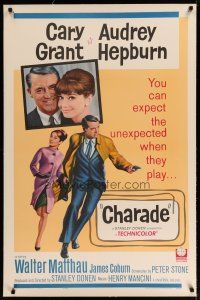 4g075 CHARADE linen 1sh '63 art of Cary Grant & sexy Audrey Hepburn on the run!