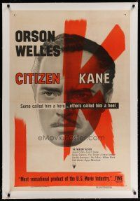 4g079 CITIZEN KANE linen 1sh R56 some called Orson Welles a hero, others called him a heel!