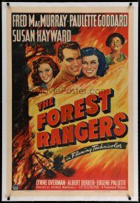 4g146 FOREST RANGERS linen 1sh '42 art of Fred MacMurray, Paulette Goddard & Susan Hayward in blaze!