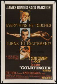 4g166 GOLDFINGER linen 1sh '64 3 images of Sean Connery as James Bond + golden Shirley Eaton!