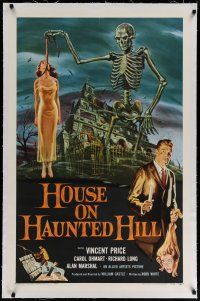 4g191 HOUSE ON HAUNTED HILL linen 1sh '59 classic art of Vincent Price & skeleton w/ hanging girl!
