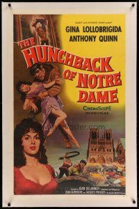 4g193 HUNCHBACK OF NOTRE DAME linen 1sh '57 Anthony Quinn as Quasimodo, sexy Gina Lollobrigida!
