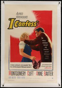 4g194 I CONFESS linen 1sh '53 Alfred Hitchcock, art of Montgomery Clift shaking Anne Baxter!