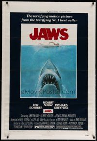 4g213 JAWS linen 1sh '75 art of Spielberg's classic man-eating shark attacking swimmer!