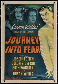 4g217 JOURNEY INTO FEAR linen 1sh '42 Orson Welles, art of Joseph Cotten, Dolores Del Rio & Warrick!