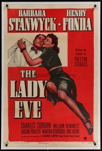 4g228 LADY EVE linen 1sh R49 Barbara Stanwyck & Henry Fonda, directed by Preston Sturges!