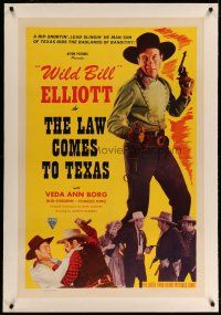 4g238 LAW COMES TO TEXAS linen 1sh R48 great full-length image of Wild Bill Elliott with two guns!