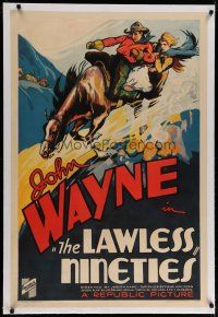 4g240 LAWLESS NINETIES linen 1sh '36 cool art of John Wayne & Ann Rutherford on speeding horse!