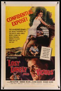 4g250 LOST, LONELY & VICIOUS linen 1sh '58 sexy bad girl, what happens to boys & girls in Hollywood