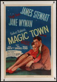 4g253 MAGIC TOWN linen 1sh '47 romantic close up of pollster James Stewart & pretty Jane Wyman!