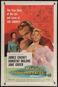 4g260 MAN OF A THOUSAND FACES linen 1sh '57 art of James Cagney as Lon Chaney Sr. by Reynold Brown!