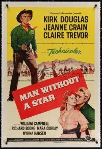 4g263 MAN WITHOUT A STAR linen 1sh '55 art of cowboy Kirk Douglas pointing gun, Jeanne Crain