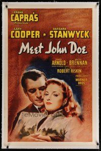 4g270 MEET JOHN DOE linen 1sh R40s art of Gary Cooper & Barbara Stanwyck, directed by Frank Capra!