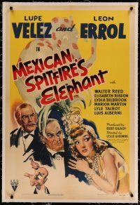 4g275 MEXICAN SPITFIRE'S ELEPHANT linen 1sh '42 cool art of Lupe Velez & Errol w/ spotted elephant!