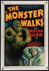 4g279 MONSTER WALKS linen 1sh R38 stone litho of menacing gorilla standing over girl in bed!