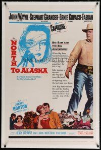 4g299 NORTH TO ALASKA linen 1sh '60 John Wayne & sexy Capucine in a fun-filled Yukon adventure!
