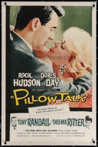 4g319 PILLOW TALK linen 1sh '59 bachelor Rock Hudson loves pretty career girl Doris Day!