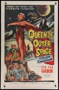 4g330 QUEEN OF OUTER SPACE linen 1sh '58 artwork of sexy full-length Zsa Zsa Gabor on Venus!