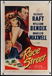 4g331 RACE STREET linen 1sh '48 George Raft, sexy Marilyn Maxwell, Bendix w/ gun, horse racing art!
