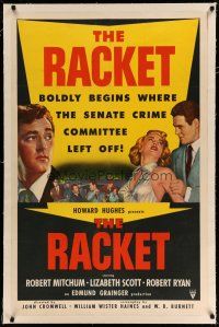 4g333 RACKET linen 1sh '51 Robert Ryan grabs sexy Lizabeth Scott, Robert Mitchum, Howard Hughes
