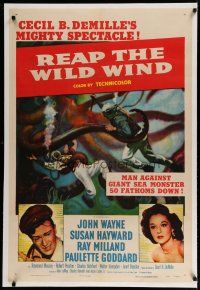 4g338 REAP THE WILD WIND linen 1sh R54 John Wayne, Susan Hayward, cool scuba diver & octopus art!