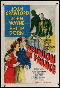4g347 REUNION IN FRANCE linen style D 1sh '42 art of John Wayne & Joan Crawford, Jules Dassin