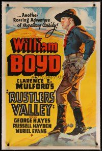 4g357 RUSTLER'S VALLEY linen Other Company 1sh '37 great art of William Boyd as Hopalong Cassidy!