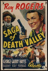 4g359 SAGA OF DEATH VALLEY linen 1sh '40 art of cowboy Roy Rogers with gun & Gabby Hayes!