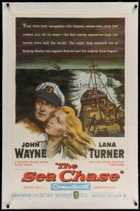 4g362 SEA CHASE linen 1sh '55 great seafaring artwork of John Wayne & Lana Turner + ship!