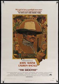 4g372 SHOOTIST linen 1sh '76 best Richard Amsel artwork of cowboy John Wayne & cast montage!