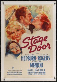 4g387 STAGE DOOR linen 1sh '37 art of Katharine Hepburn, Ginger Rogers, Adolphe Menjou & Patrick!