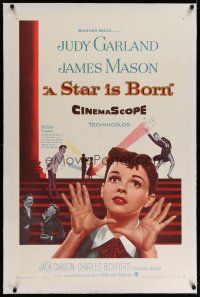 4g390 STAR IS BORN linen 1sh '54 great close up art of Judy Garland, James Mason, classic!