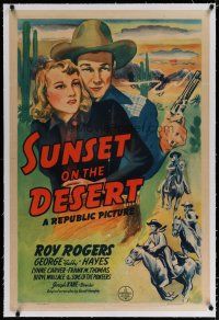 4g395 SUNSET ON THE DESERT linen 1sh '42 cool artwork of cowboy Roy Rogers & pretty Lynne Carver!