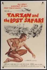 4g404 TARZAN & THE LOST SAFARI linen 1sh '57 cool artwork of Gordon Scott, first time in color!