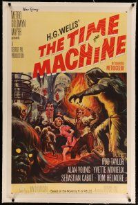 4g418 TIME MACHINE signed linen 1sh '60 by Alan Young, cool Reynold Brown art, HG Wells, George Pal