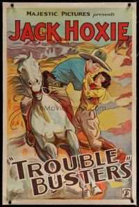 4g430 TROUBLE BUSTERS linen 1sh '33 art of cowboy Jack Hoxie lifting pretty girl onto his horse!