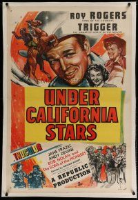 4g438 UNDER CALIFORNIA STARS linen 1sh '48 art of Roy Rogers & Trigger, Jane Frazee, Andy Devine!
