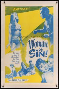 4g460 WHY WOMEN SIN linen 1sh '58 sexy Woman of Sin Dany Carrel helps spotlight phony model racket!