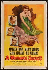 4g475 WOMAN'S SECRET linen 1sh '49 Maureen O'Hara w/gun in Nicholas Ray/Herman J. Mankiewicz noir!