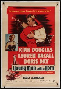 4g484 YOUNG MAN WITH A HORN linen 1sh '50 jazz man Kirk Douglas, sexy Lauren Bacall & Doris Day!