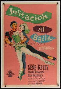 4h243 INVITATION TO THE DANCE linen Argentinean '56 Melson art of Gene Kelly dancing with Toumanova!