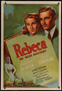 4h253 REBECCA linen Argentinean '40 Alfred Hitchcock, art of Laurence Olivier & Joan Fontaine!