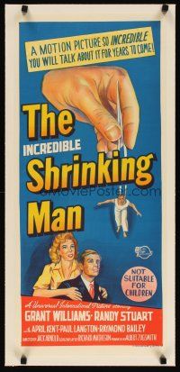 4h171 INCREDIBLE SHRINKING MAN linen Aust daybill '57 different art of him grabbed by tweezers!