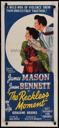 4h176 RECKLESS MOMENT linen Aust daybill '49 art of James Mason & Joan Bennett, Max Ophuls!