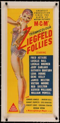 4h179 ZIEGFELD FOLLIES linen Aust daybill '45 wonderful full-length art of sexy showgirl!