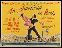 4h209 AMERICAN IN PARIS linen British quad '51 art of Gene Kelly dancing with sexy Leslie Caron!